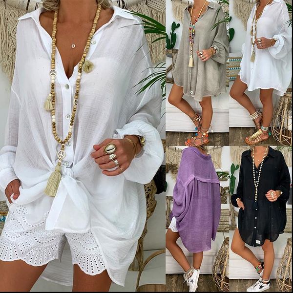 

women shirts large size solid color v neck long white sleeve loose trend elegant noble vogue summer blouse shirts