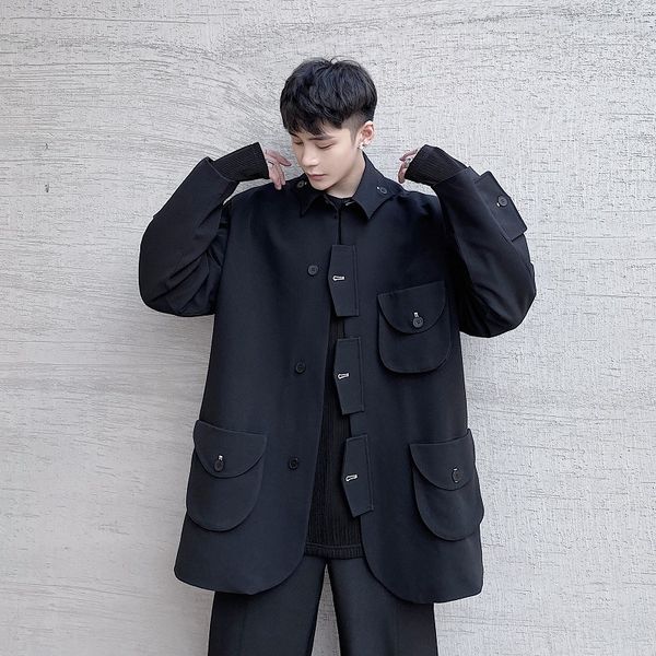 

men's suits & blazers chinese collar multi-pocket dark black blazer jacket men vintage streetwear fashion loose casual coat man clds, White;black