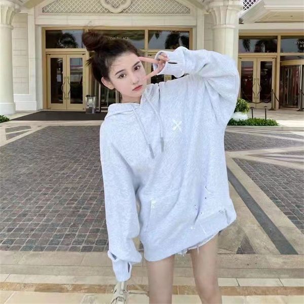 

high version 2021 autumn winter new smfk flower arm hoodie loose drawstring grey hand-painted sweater ch002s, Black