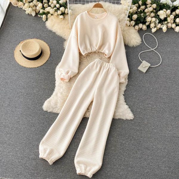 

women's two piece pants amolapha autumn women pullover cropped sweatshirt + 2pcs casual tracksuits solid color short style trouser set, White