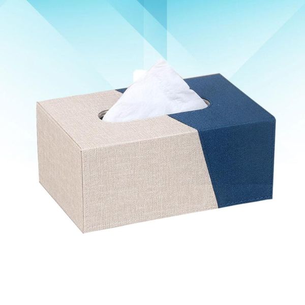 

1pc deskleather tissue box napkin case household paper storage box for home living room (small size blue+ beige)