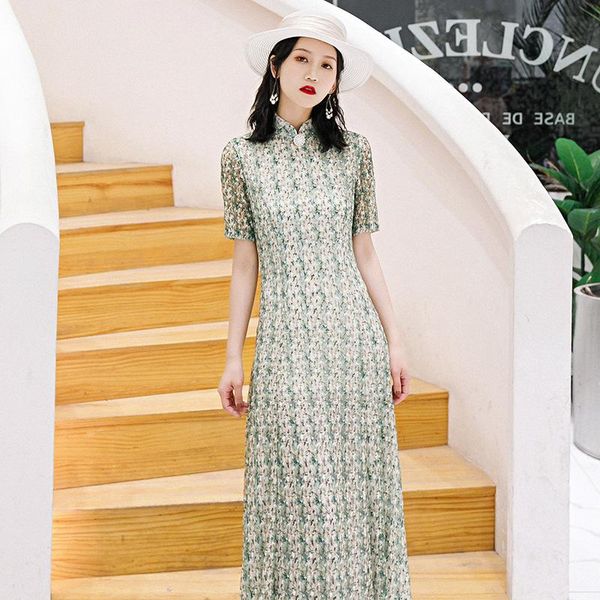 

green exquisite lace long cheongsam women summer elegant mandarin collar chinese a-line dress short sleeve novelty qipao s-3xl, Red