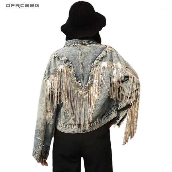 

women's jackets vintage oversized women jeans jacket with tassel 2021 autumn streetwear loose female denim coat long sleeve outwear, Black;brown