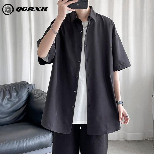 

men's casual shirts mens plain short sleeve loose oversized summer streetwear fashion plus size korean clothes black white, White;black
