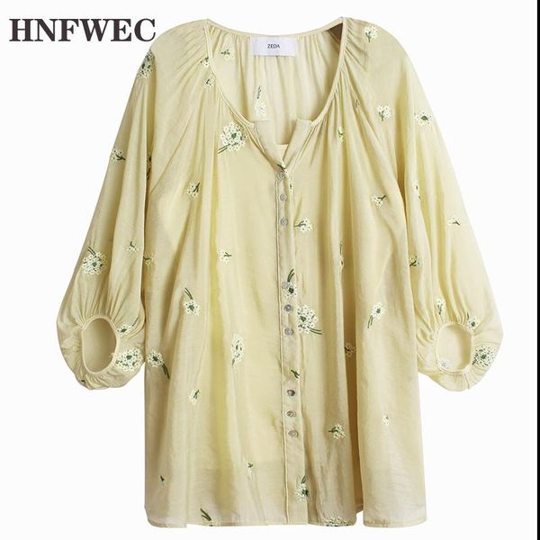 

2021 spring autumn new v-collar three quarter lantern aleeve print single breasted casual shirt women blouse v113, White