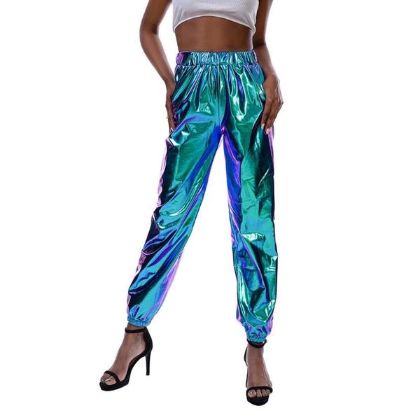 

hip hop women holographic pants night club elastic high waist long trousers casual pants for women autumn streetwear, Black;white