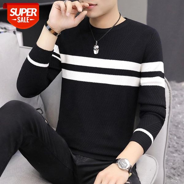 

2020 sweater men's clothing fall winter long sleeve plus size knitted clothes korean style fashion man striped #mk9d, White;black