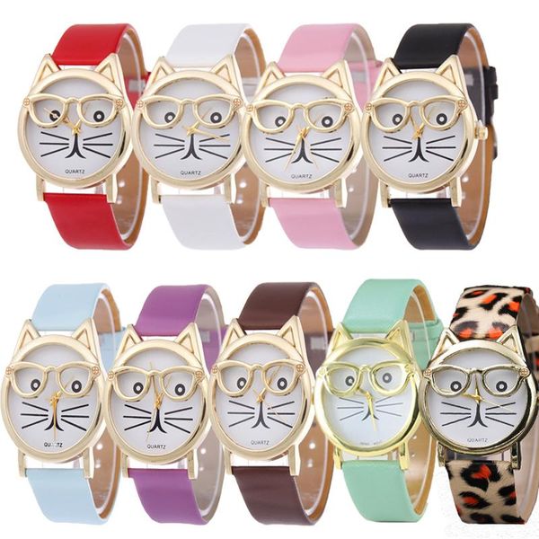 

wristwatches 2021 fashion glasses cat watch leather strap case material stainless wrist women watches quartz clock, Slivery;brown