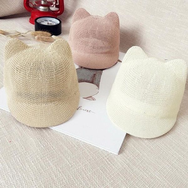 

hair accessories summer baby straw hats for girl boys baseball cap children beach hat kids sun cute cat ears decoration, Slivery;white