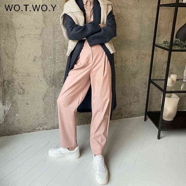 

wotwoy high waist loose leather pants women autumn winter fleece zipper fly casual pu trousers female solid 211124, Black;white