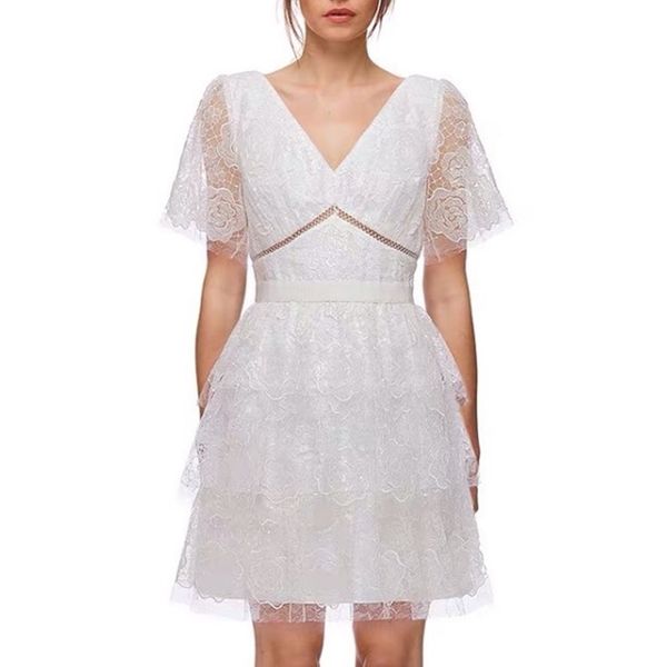 

self portrait dress women summer v-neck short sleeve rose lace patchwork pleated vestido de festa 210525, Black;gray