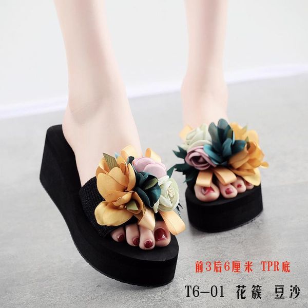 

slippers 2021 sandals female summer fashionable high-heeled thick-bottomed flip-flops non-slip flowers wedge heels beach shoes women, Black