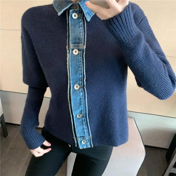 

autumn winter korean fashion women sweater denim patchwork cardigan puff sleeve designer brand cardigans mujer coat pull femme, White;black
