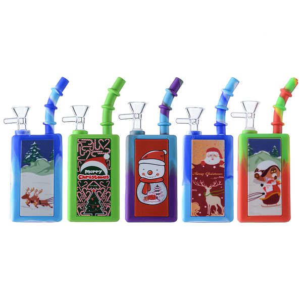 Glasbongs im Weihnachtsstil, Silikon-Bong, Getränkeflasche, Wasserpfeifen, kleine kleine Öl-Dab-Rigs, Weihnachten, 4 mm dicke Wasserrohre, 14 mm Innengewinde mit Schüssel