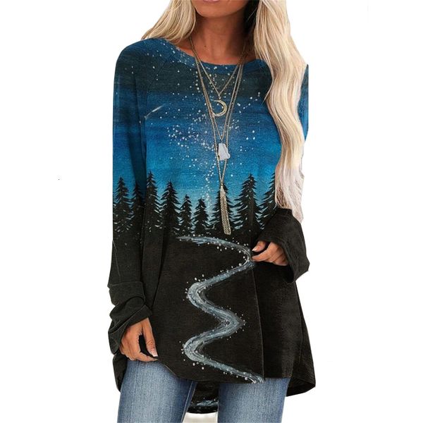 

fashion omen around the throat long mouw casual mountain forest landscape print t-shirts, White