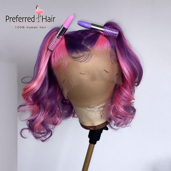 

lace wigs preferred pink purple highlight wig with baby hair brazilian remy ombre front human pre plucked bob for women, Black;brown