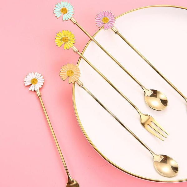 

daisy sun flower mini stainless steel coffee stirring spoon dinner fruit fork teaspoon dessert spoon tableware children
