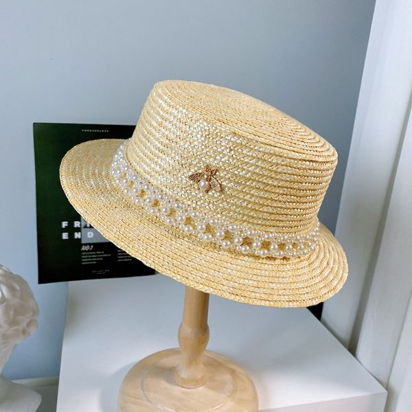 

big hat little bee bead chain flat straw children's summer sun protection fine basin fashion beach, Blue;gray