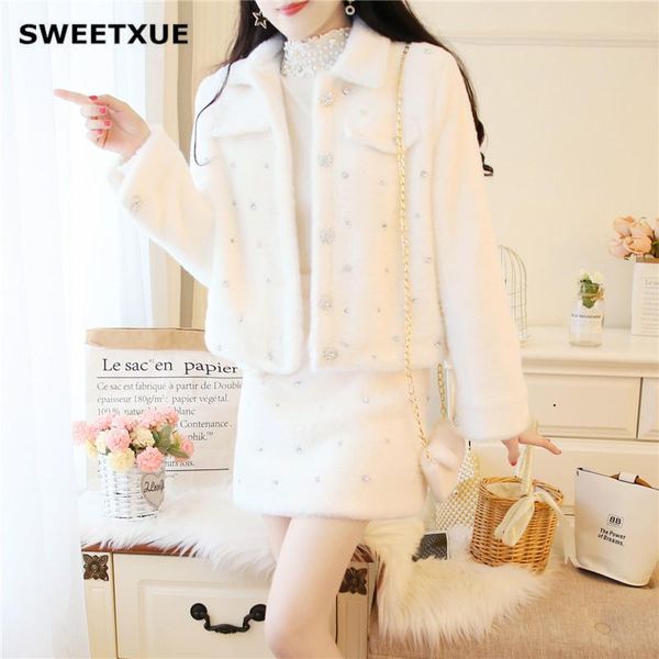 

two piece dress sweetxue elegant set female beaded rhinestone jacket + mini skirt comfortable chic warm 2 women 2021 winter, White