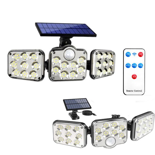 Luzes solares ao ar livre 3 cabeças de movimento de movimento Lâmpada de inundação ajustável 138 LED 270 ° Spotlight de segurança de larga angular com controle remoto