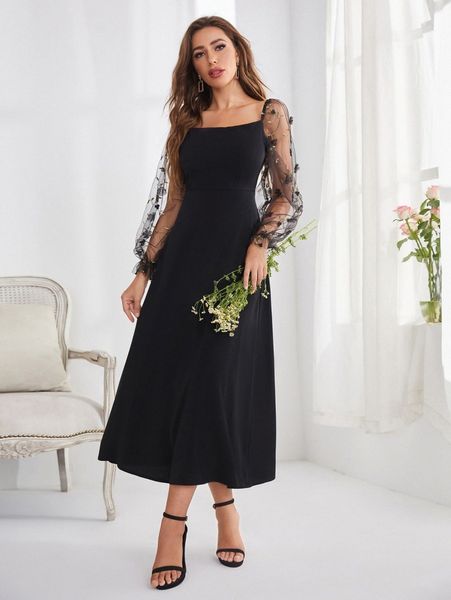

embroidery mesh flounce sleeve a-line dress l5me#, Black;gray