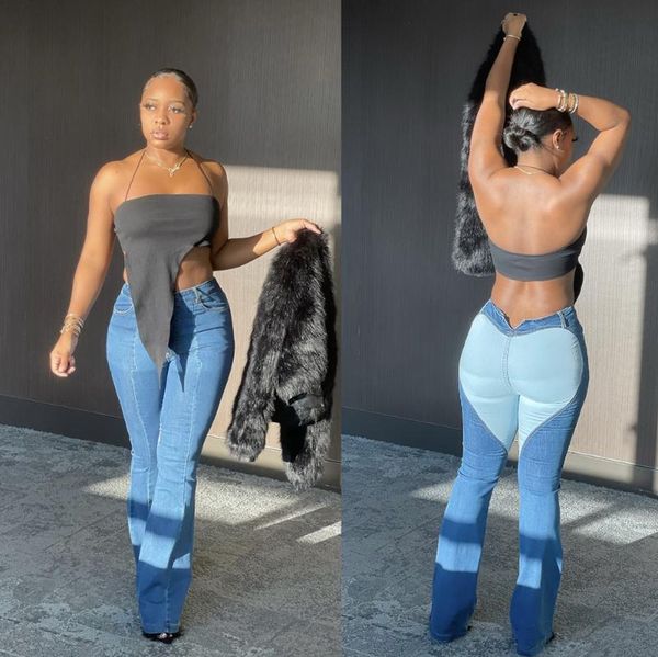 

women's jeans patchwork straight pants women blue casual denim high street trousers