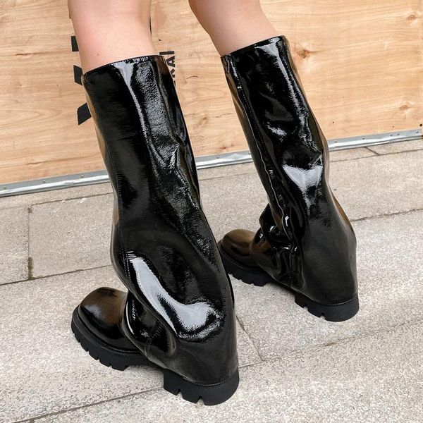 

boots trouser square toe black patent leather 2021 side zipper below the knee fashion street women's