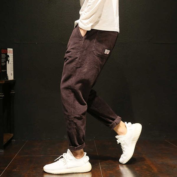 

autumn fashion designer men jeans loose fit casual cotton corduroy harem pants streetwear hip hop small bottom wide leg trousers, Blue