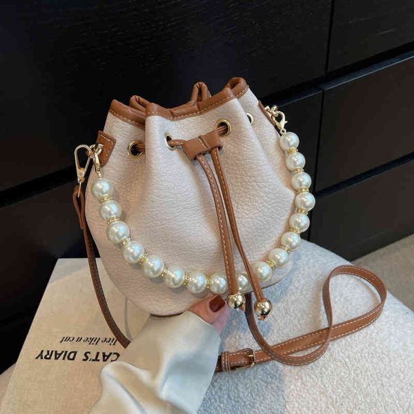 

bags handbags 2022 pearl beaded fashion pleated single shoulder messenger with color matching bucket litchi pattern foreign style women&#039, Black;red