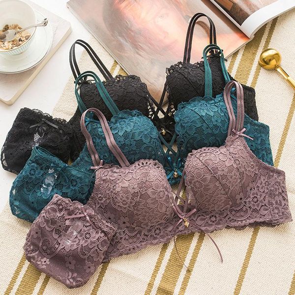 

bras sets roseheart women red green lace trim cross straps bralette cotton panties push up bra underwear lingerie a b, Red;black