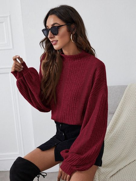 

funnel neck lantern sleeve rib-knit g6uw#, White