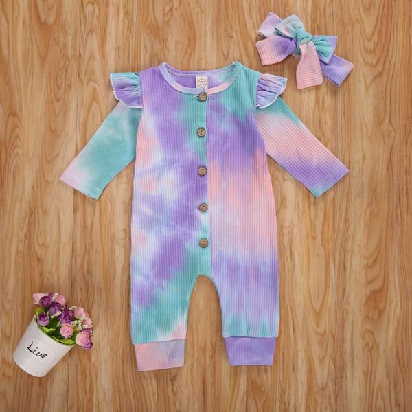 

jumpsuits baby & children's 0-18m autumn born infant girls long sleevetie-dye printed ruffles rompers hooded sleeveless, Blue