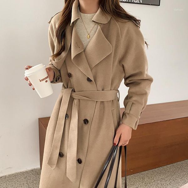 

women's wool & blends [ewq] korea chic autumn winter temperament lapel double breasted lace up waist over knee long double-sided woolen, Black