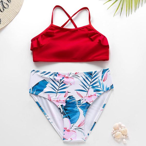 

two-piece suits ruffle trim girl swimsuit kids tropical plant&flower two piece children's swimwear 7-14 years bikini set girls bathing