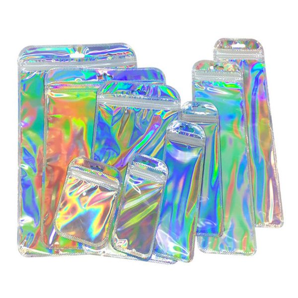 Vários tamanhos Translúcidos Laser Zipper Bloqueio Sacos Clear Frente Holograma Sacos de Prata X-mas Presentes Peúgas Armazenamento de Jóias Cosméticos