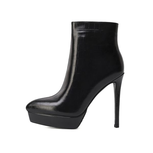 

winter short boots women designer round toe block hight heel soft natural genuine leather party wedding fashion luxury platform yn48-b801-1, Black