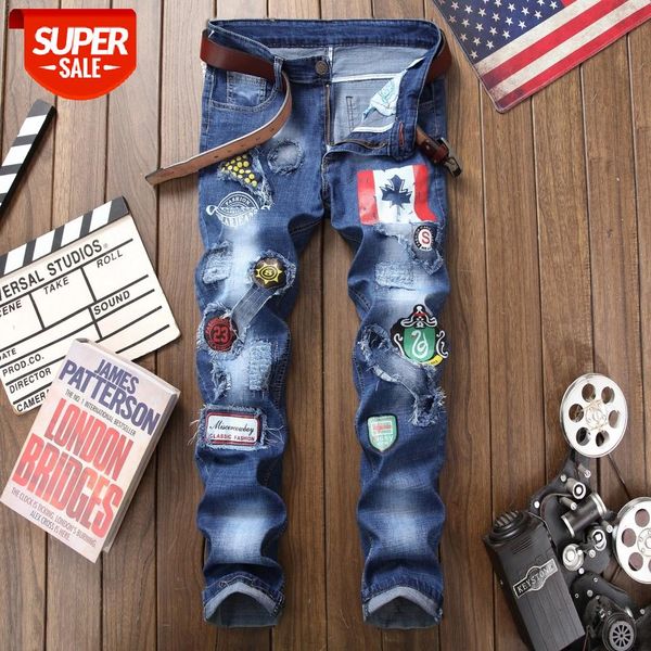 

2019 new men ripped distressed slim fit biker distressed patches male streetwear hip hop hole denim pants biker denim trousers #rj12, Blue