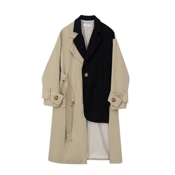 

women's trench coats [ewq] korea chic khaki coat autumn 2021 laple loose lace up waist spliced long sleeve windbreaker 16e4118, Tan;black