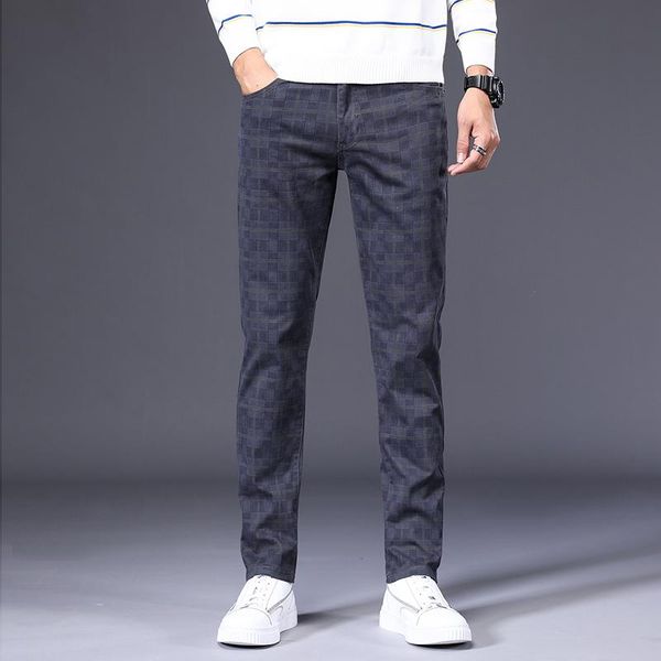 

mens pants slim plaid casual pants 2021 autumn brand clothing high-quality cotton stretch youth fashion fit trousers large size 28-42, Black