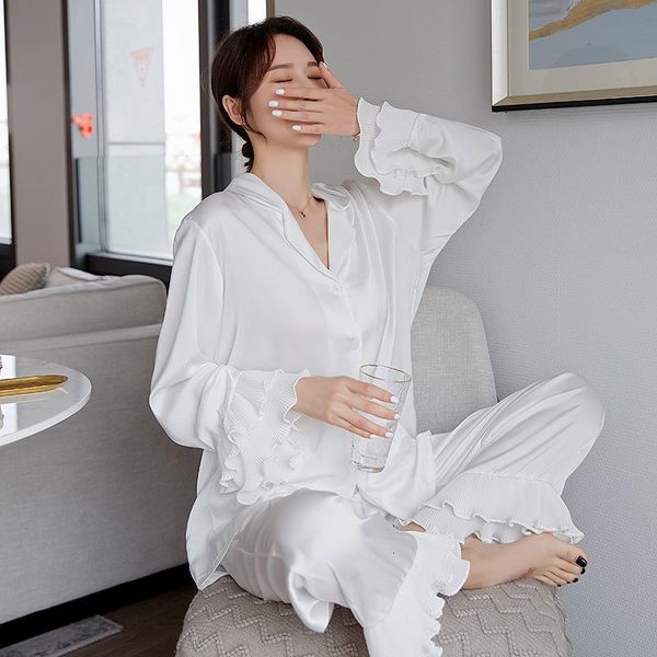 

white pyjamas women satin ruffled cuffs pajamas sets summer autumn long sleeve 2 pcs suit casual silk home clothing sleepwear, Black;red