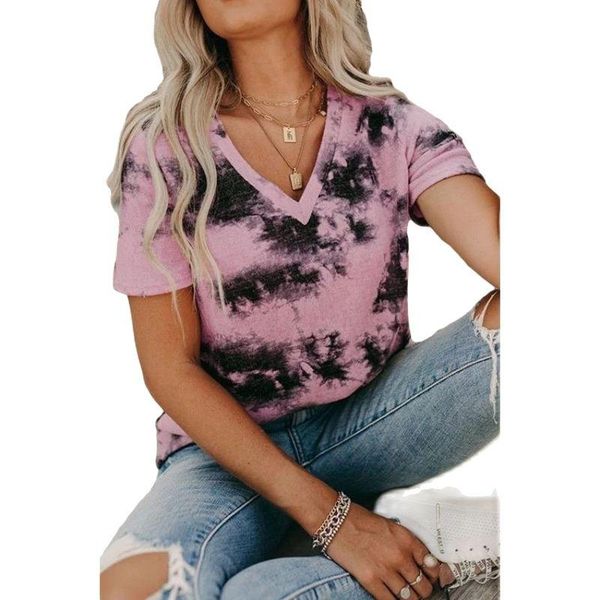 

women's t-shirt female arrival casual loose v-neck short sleeve for summer 2021 women fashion 2xl size splice tie-dye printing t-shirt, White