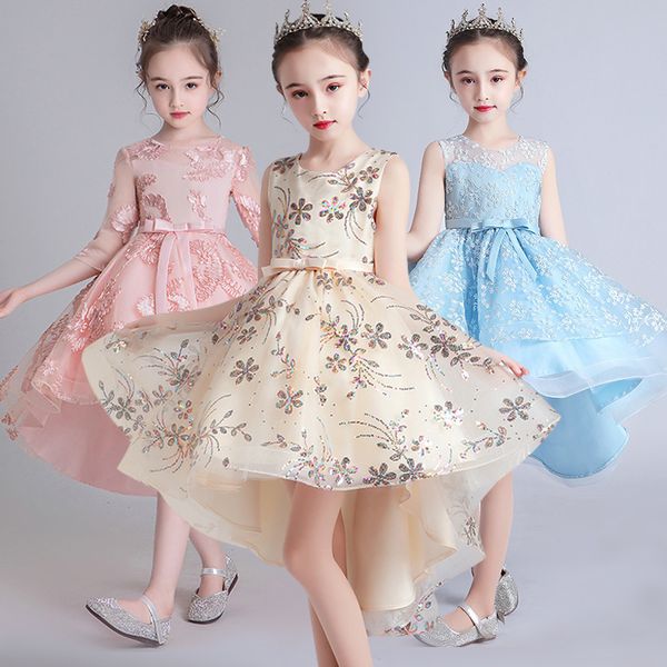 

flower child princess new year party performance embroidery tail dress girls birthday party dinner sleeve dress, White;pink