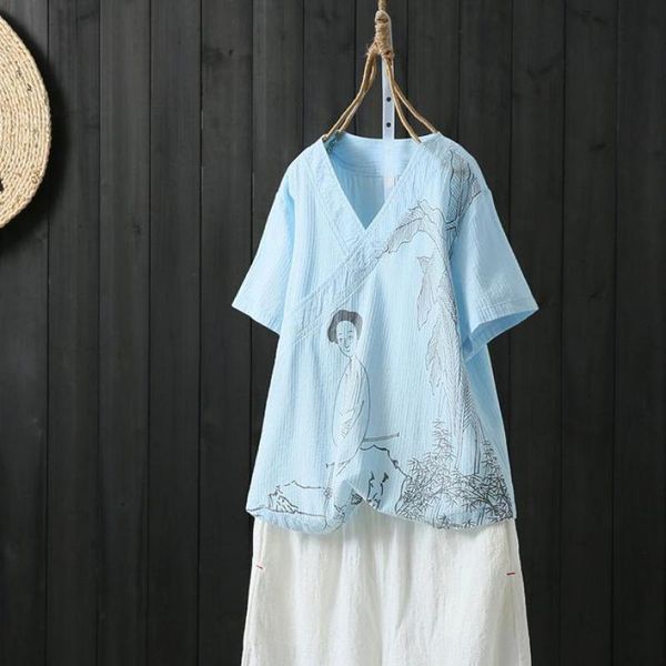 

ethnic clothing summer shirt chinese style print tang v-neck suit short sleeve female casual, Red