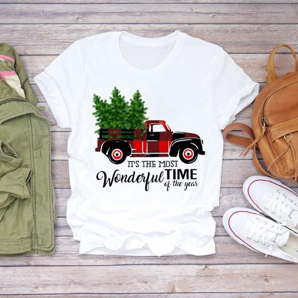 

women t-shirts cartoon tree plaid truck animal happy christmas snow print lady womens graphic t shirt female tee t-shirt, White