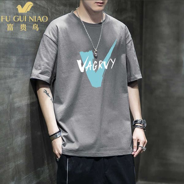 

fuguiniao men's short sleeve t-shirt fashion brand trend pure cotton white half summer loose, White;black