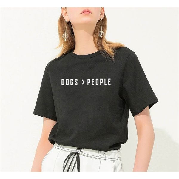 Cães sobre as pessoas Imprimir Verão Camiseta Mulheres O-pescoço de Algodão de Algodão Engraçado Tshirt Mulheres Top Solto T-shirt Femme Preto Branco 210311