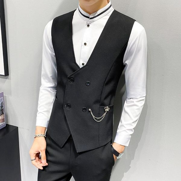 

men's vests 2021 mens vest double-breasted waistcoat male prom party disco waiter sleeveless clothes casual slim dress tuxedo gilet, Black;white