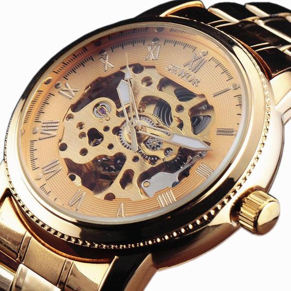 

men automatic skeleton watches stainless steel band mechanical formal clock white gold man wristwatch wristwatches, Slivery;brown