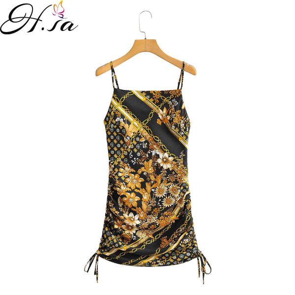 

hsa european and american summer wind women's side drawstring printing slip dress 777 210716, Black;gray