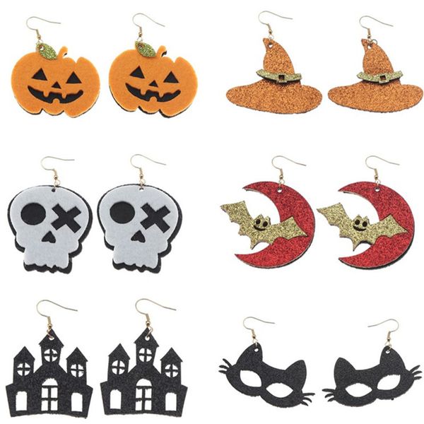 Halloween Verrückte Charme Ohrringe Cosplay Grimasse Schädel Fledermaus Kürbis Burg Hut Filz Anhänger Ohrring Schmuck Für Frauen Party Geschenk